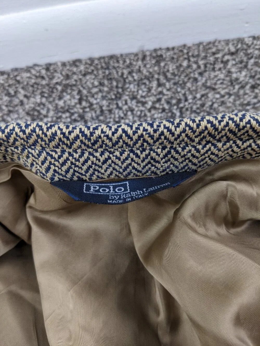 Polo Ralph Lauren Blazer Sport Coat Tweed Silk Tan Blue Herringbone 44L Italy
